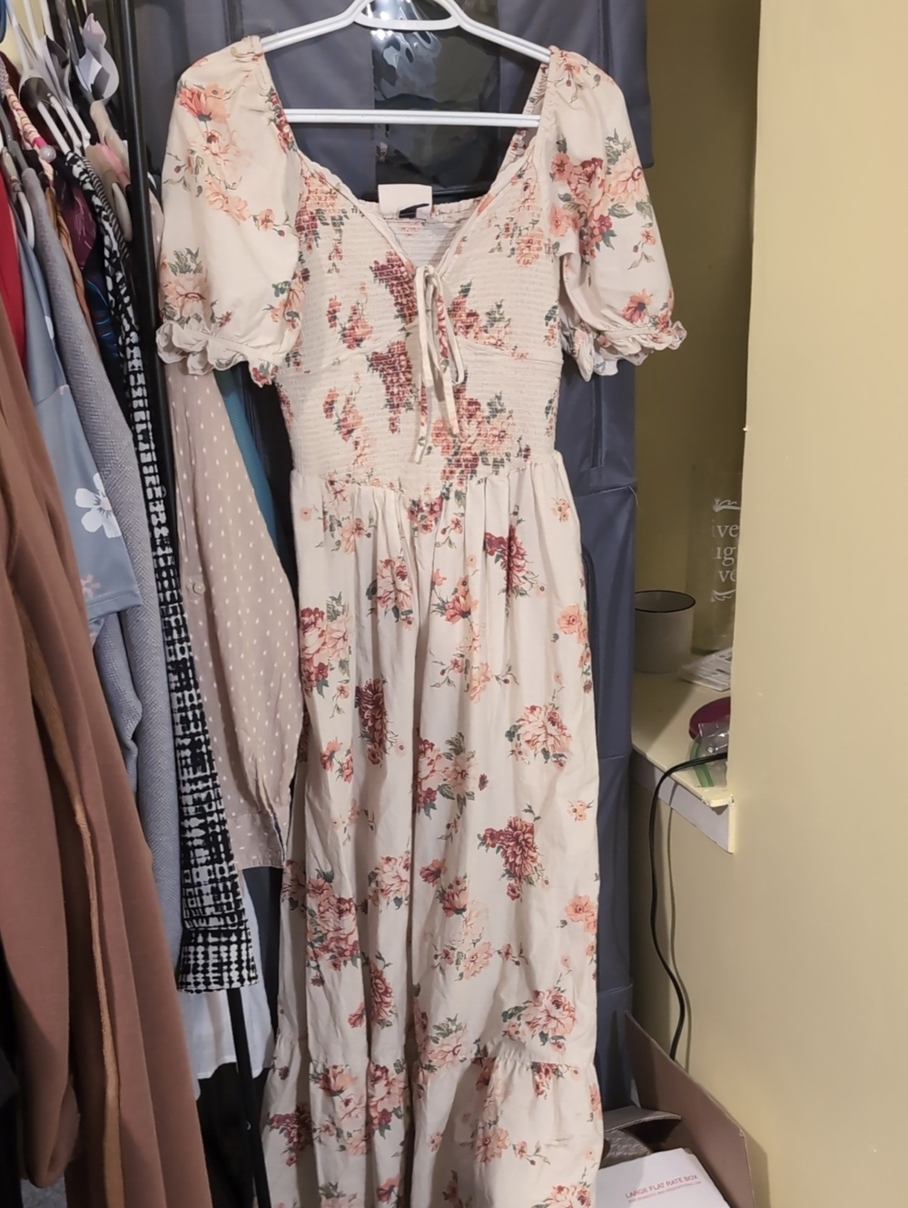 Floral Puff-Sleeve Smocked Maxi Dress - Cream with Pink Floral
